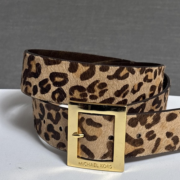 Michael Kors Belt Large Leopard Animal Cow Hair Gold Square Buckle Glam Maximal - Picture 1 of 14